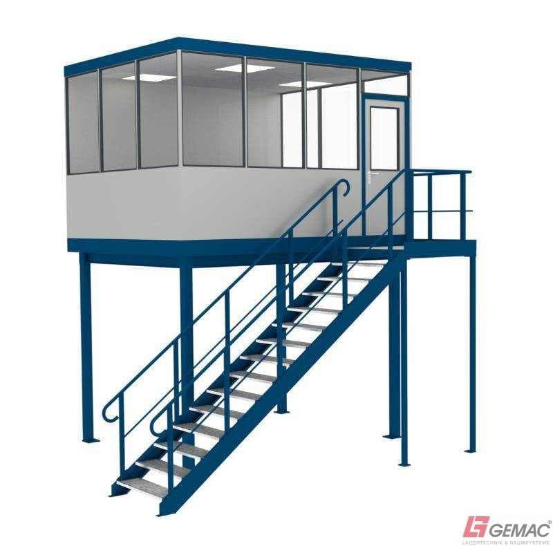 Hallenbüro auf Bühne mit Treppenanlage