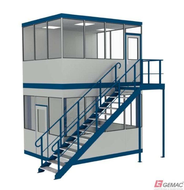 Hallenbüro auf und unter Stahlbaubühne