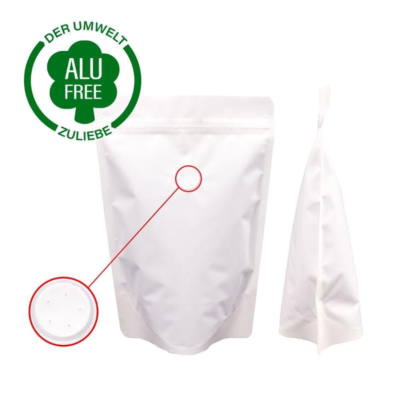 Stand-up pouch white matt high barrier with valve 500g