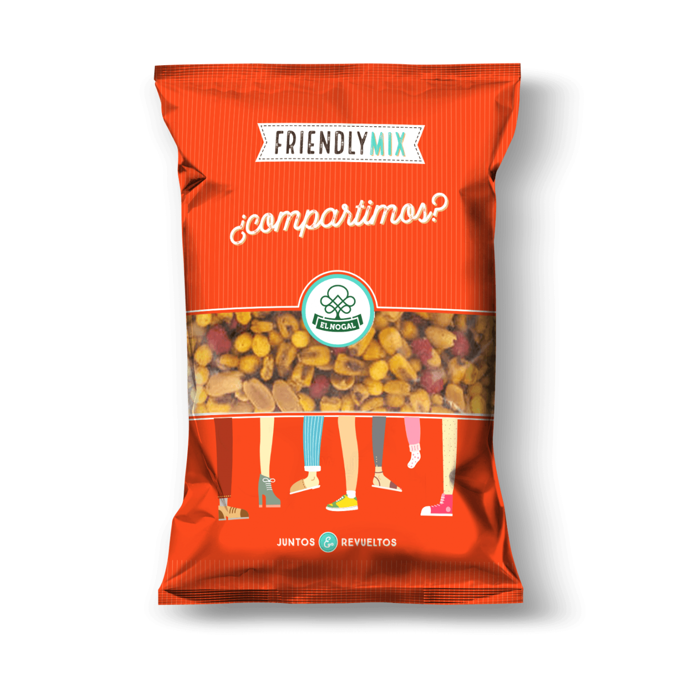 Friendly Mix / Orange / Salted peanut, fried corn, fried sunflower seeds, sultana raisins and corn extrusion.