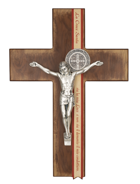 Wooden pilgrimage with Christ and metal medals St. Benedict 27 cm