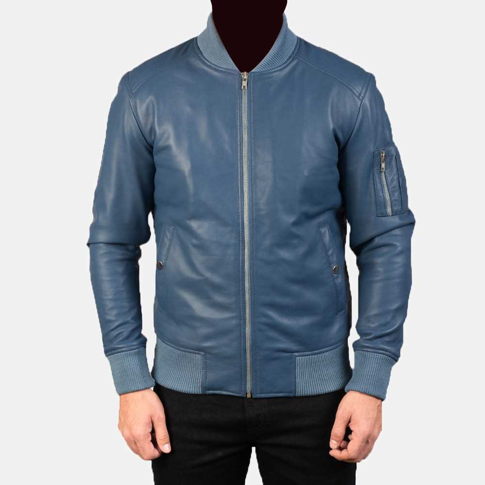 Blue Leather Bomber Jacket